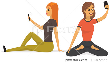 Ladies with smartphone are posing for self portrait photos and doing yoga in lotus position Ladies with smartphone are posing for self portrait photos and doing yoga in lotus position 100077336