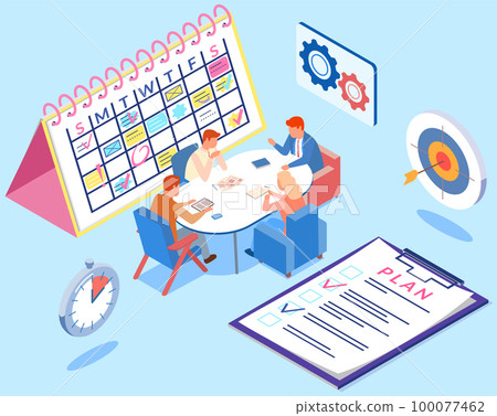 Business team has meetings and discusses new office timetable. People analyze plan, schedule 100077462
