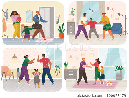 Problems and conflict in family, fight and arguing, quarreling over child in family scenes set 100077479