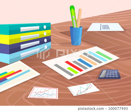 Workplace, wooden table, paper documents with charts and graphs, stationery, calculator, folders 100077493