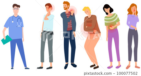 Patients with sore joints in consultation with doctor. Sad people suffering from pain in body Patients with sore joints in consultation with doctor. Sad people suffering from pain in body 100077502