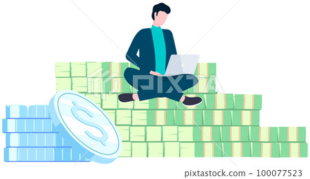 Businessman doing freelance work. Male employee sitting on stairs made of dollar bills with laptop Businessman doing freelance work. Male employee sitting on stairs made of dollar bills with laptop 100077523
