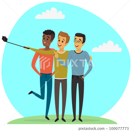 Men with phone on monopod are posing for joint photo. Friends taking selfie with smartphone 100077773