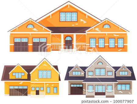 Large yellow residential building, house with garage. Architectural structure made of bricks 100077907
