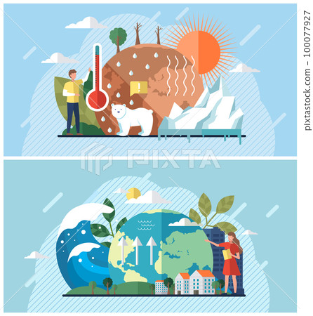 Set of illustrations about climate change, rising water level, global warming, ecological problems 100077927
