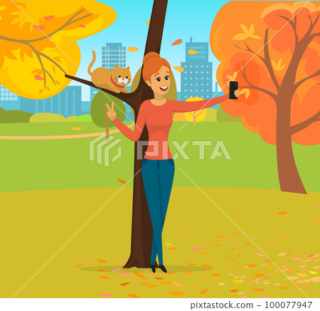 Girl walking outdoor and taking selfie on background of park. Woman is photographed on phone camera Girl walking outdoor and taking selfie on background of park. Woman is photographed on phone camera 100077947
