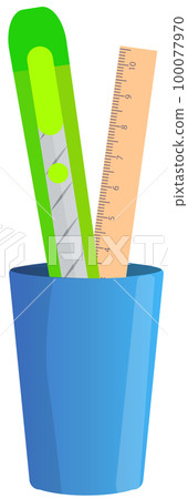 Pen holder dark blue with school supplies or office equipment. Pen and stationery knife ruler in box Pen holder dark blue with school supplies or office equipment. Pen and stationery knife ruler in box 100077970