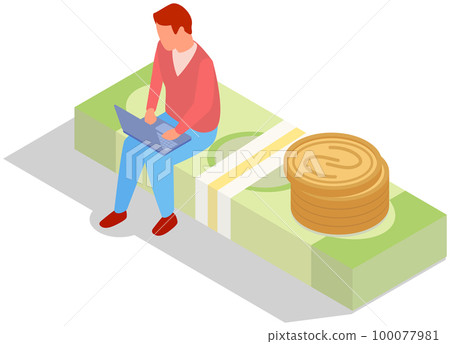 Businessman with laptop sitting on dollar bills working with finances. Man works in online banking 100077981