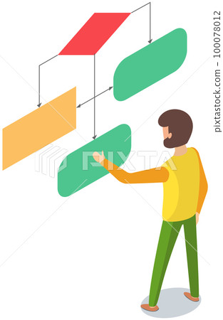 Man looking at whiteboard with schemes vector, programmer examining charts and info on board Man looking at whiteboard with schemes vector, programmer examining charts and info on board 100078012