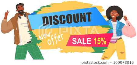 Woman and man are advertising store sale. Best discounts up to fifteen percent in online store Woman and man are advertising store sale. Best discounts up to fifteen percent in online store 100078016