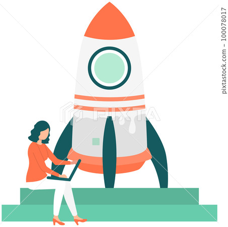 Female freelancer works with computer. Woman working on business startup, launch of rocket Female freelancer works with computer. Woman working on business startup, launch of rocket 100078017
