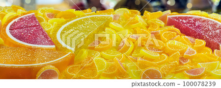 Assorted gummy candies. Jelly sweets. Colorful sweets panorama 100078239