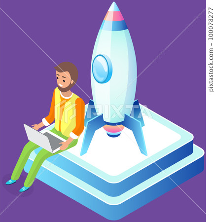 Male character is working on development of new business project, startup with rocket launch 100078277