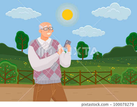 Elderly man with smartphone is communicating during walk. Old male character is chatting online Elderly man with smartphone is communicating during walk. Old male character is chatting online 100078279