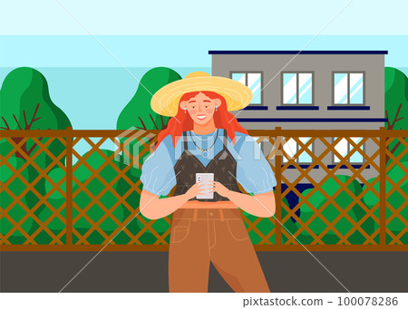 Female character using mobile device on nature. Young girl is chatting online via internet outdoors 100078286