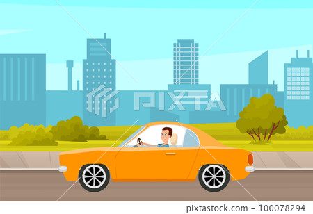 Modern car parking along town street in cartoon style. Vehicles car on city street 100078294