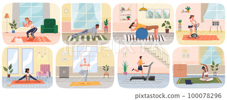 Sport at home scenes set. Young people and elderly couple training. Persons go in for sports 100078296
