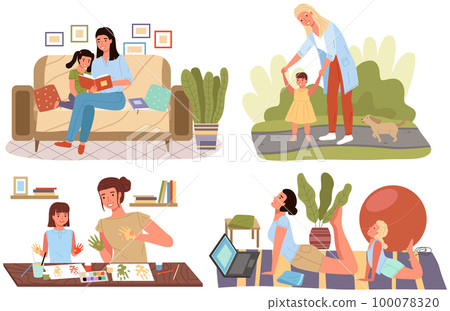 Set of illustrtion about time spent by children and parents. Holidays with mother everywhere 100078320