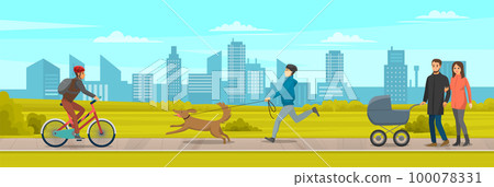 People walking in city park by footpath along green lawn, active lifestyle walks outdoors People walking in city park by footpath along green lawn, active lifestyle walks outdoors 100078331