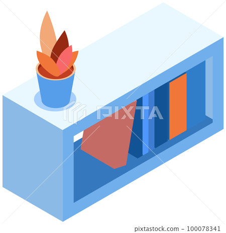 ookshelf with books and plant in room interior. Home library with literature, vector illustration 100078341