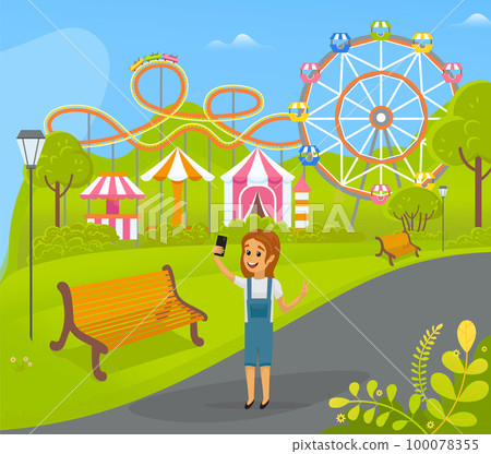 Child with smartphone is taking self photo while walking in amusement park with attractions Child with smartphone is taking self photo while walking in amusement park with attractions 100078355