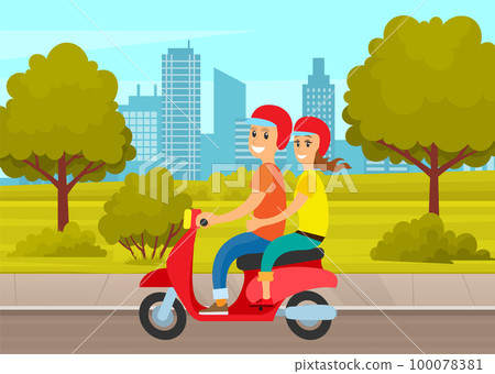 Happy couple man and woman riding scooter on road in city park. People drive red moped on street 100078381