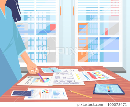 Employees analyze statistical indicators, business data. Characters work with marketing research Employees analyze statistical indicators, business data. Characters work with marketing research 100078471