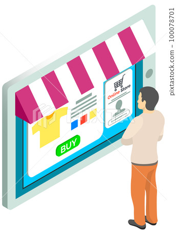Man is using tablet with app to buy and order. Interface of application for online shopping 100078701