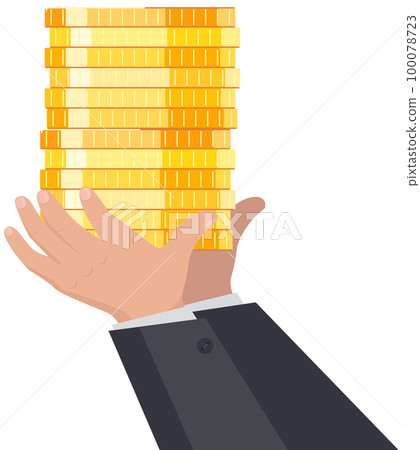 Rich male character with gold coins. Successful man with stack of money, pennies in hands Rich male character with gold coins. Successful man with stack of money, pennies in hands 100078723