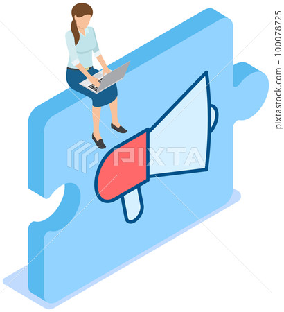 Woman sits on megaphone icon on puzzle block, loudspeaker sound amplification device isolated 100078725