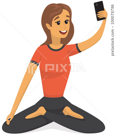 Yogi in lotus position is posing for selfie. Girl doing yoga and meditating during photo shoot 100078786