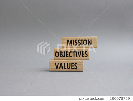 Mission Objectives Values symbol. Concept words Mission Objectives Values on wooden blocks. Beautiful grey background. Business and Mission Objectives Values concept. Copy space Mission Objectives Values symbol. Concept words Mission Objectives Values on wooden blocks. Beautiful grey background. Business and Mission Objectives Values concept. Copy space 100078799