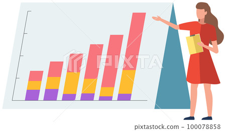 Female character presents statistical calculations shown on poster. Woman shows data analysis 100078858
