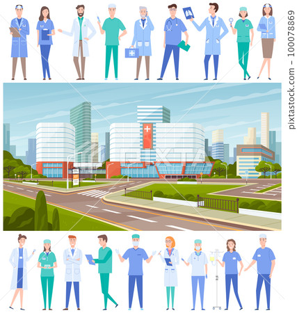 Modern hospital building, urban medical facility with ambulance. Doctors working in clinic Modern hospital building, urban medical facility with ambulance. Doctors working in clinic 100078869