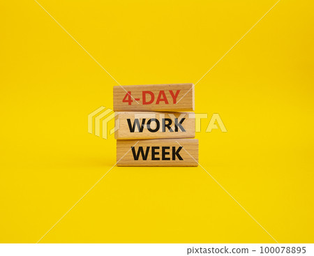4-day work week symbol. Concept words 4-day work week on wooden blocks. Beautiful yellow background. Business and 4-day work week concept. Copy space 100078895