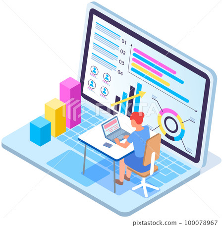 Employees analyze statistical indicators, business data. Characters work with marketing research Employees analyze statistical indicators, business data. Characters work with marketing research 100078967