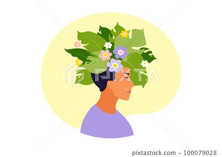 Mental health, happiness, harmony concept. Happy man head with flowers inside. Mindfulness, positive thinking, self care idea. Vector illustration. Flat. Mental health, happiness, harmony concept. Happy man head with flowers inside. Mindfulness, positive thinking, self care idea. Vector illustration. Flat. 100079028