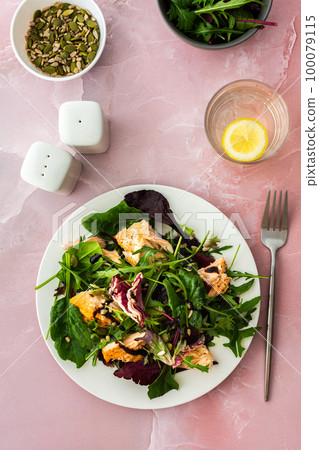 Healthy lunches with salmon and salad 100079115
