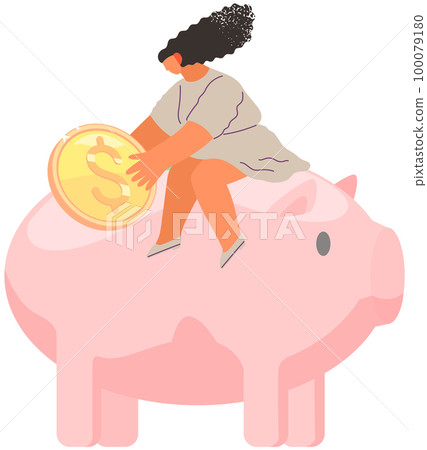 Girl is sitting on pig shaped money storage container. Woman with coin in her hands on piggy bank Girl is sitting on pig shaped money storage container. Woman with coin in her hands on piggy bank 100079180