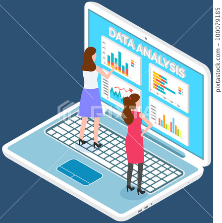 Employees analyze statistical indicators, business data. Characters work with marketing research 100079185