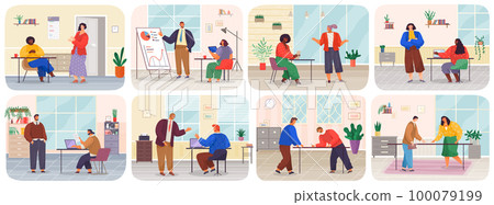 Business meeting or working process in head office scenes set. Project management and teamwork 100079199