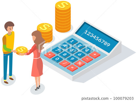 Girl with guy exchanges money, gives gold dolar coins. People counting budget on calculator 100079203