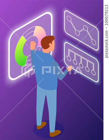Person look at poster showing test model of electronic device. Men examine components of phone Person look at poster showing test model of electronic device. Men examine components of phone 100079213