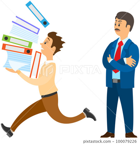 Male character is running with data folders to finish task before deadline. Boss urges employee 100079226