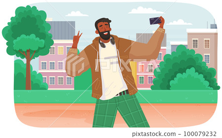 Young guy is doing live streaming in street. Man is broadcasting with his smartphone 100079232