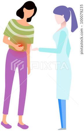 Female character suffering from abdominal pain in consultation with doctor gastroenterologist 100079235