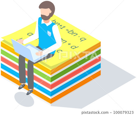 Man sitting and working with laptop on colored stickers for notes. Businessman works analyzes data Man sitting and working with laptop on colored stickers for notes. Businessman works analyzes data 100079323