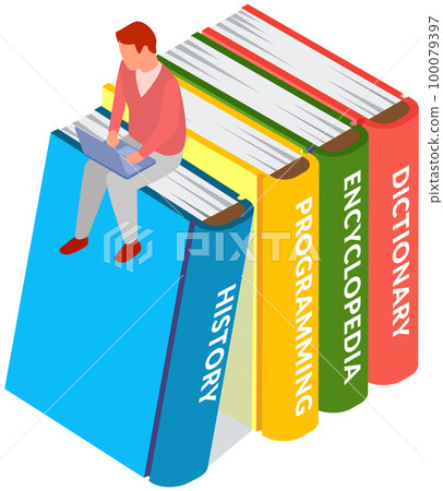 Young man sitting on stack of large books and using his computer for studying in internet Young man sitting on stack of large books and using his computer for studying in internet 100079397