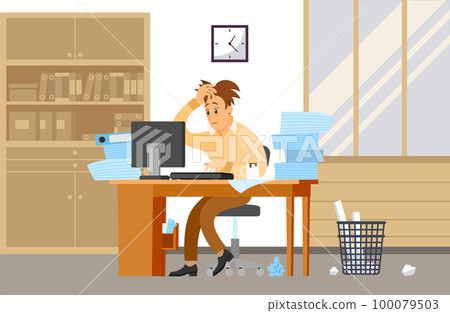 Tired worker in office trying to finish work on time. Employee with computer is doing paperwork 100079503