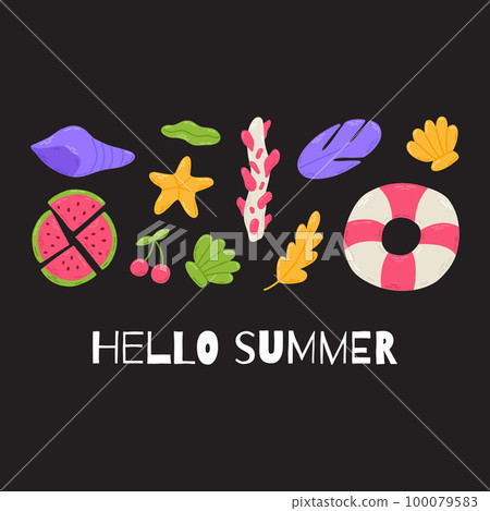 Summer set with lettering and cute beach elements: bikini, watermelon, sunscreen, flip flops, seashell, lifebuoy, hat, cocktail. Hand drawn flat cartoon elements. Vector illustration Summer set with lettering and cute beach elements: bikini, watermelon, sunscreen, flip flops, seashell, lifebuoy, hat, cocktail. Hand drawn flat cartoon elements. Vector illustration 100079583